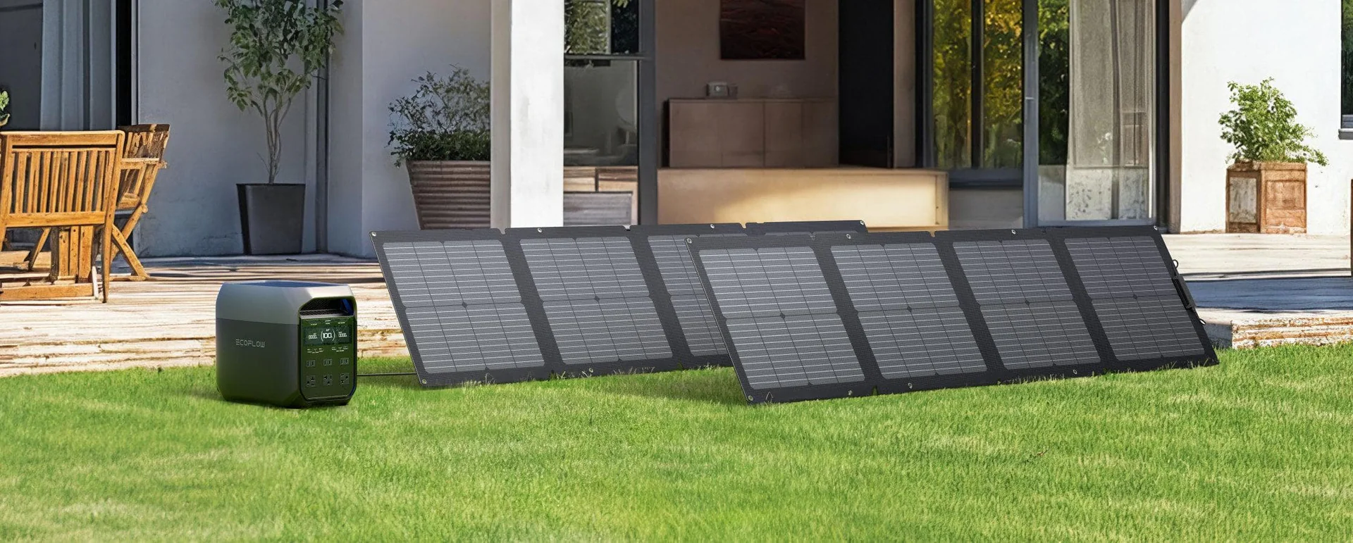 Casa con paneles solares EcoFlow en el jardín cargando una estación de energía